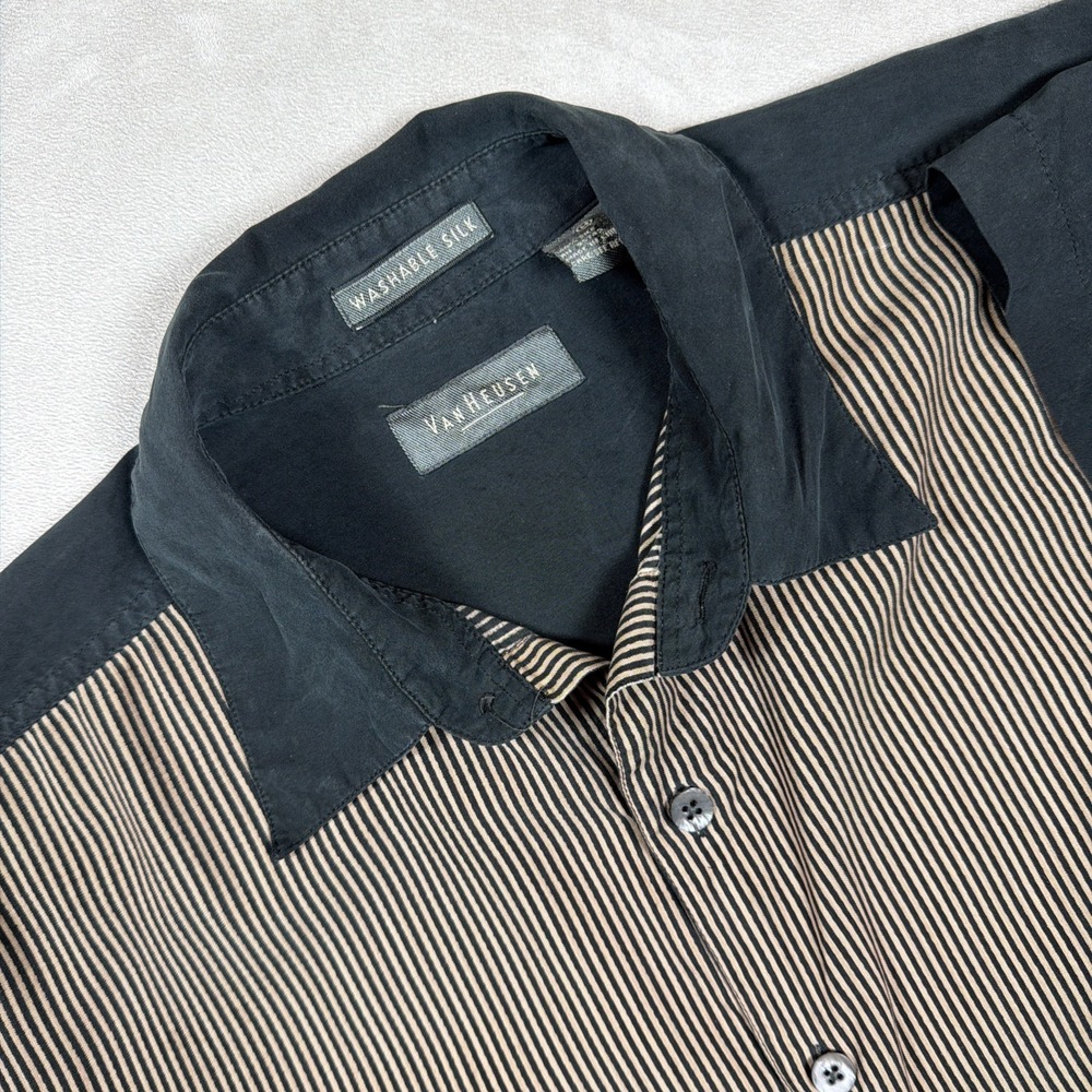 Van Heusen 100% Silk Palm Tree Camp Shirt Men's M Black Striped Resort